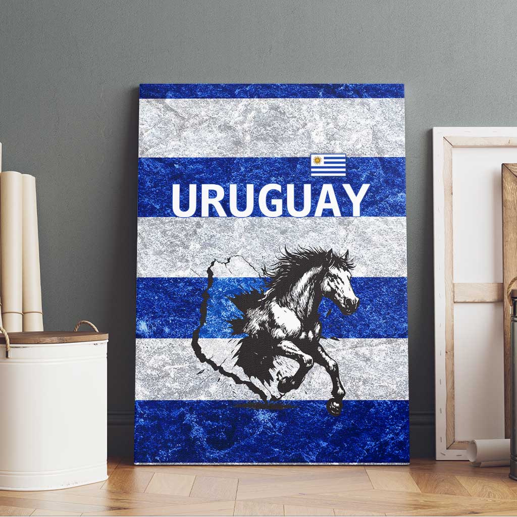 Uruguay Canvas Wall Art with Wild Horse Illustration Blue Gray Striped - Wonder Print Shop