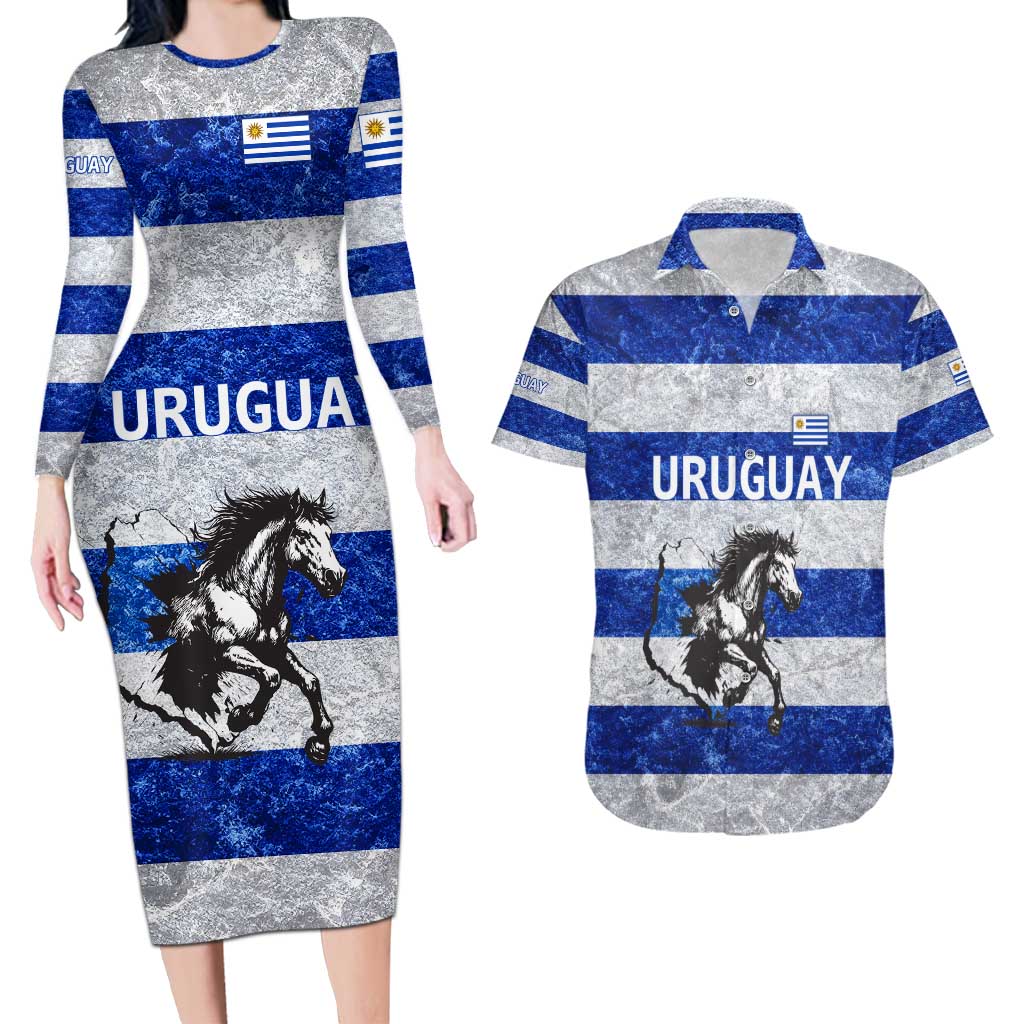Uruguay Couples Matching Long Sleeve Bodycon Dress and Hawaiian Shirt with Wild Horse Illustration Blue Gray Striped - Wonder Print Shop