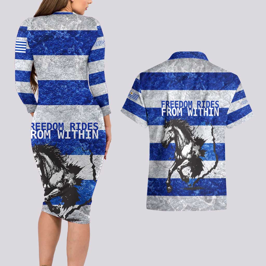 Uruguay Couples Matching Long Sleeve Bodycon Dress and Hawaiian Shirt with Wild Horse Illustration Blue Gray Striped - Wonder Print Shop