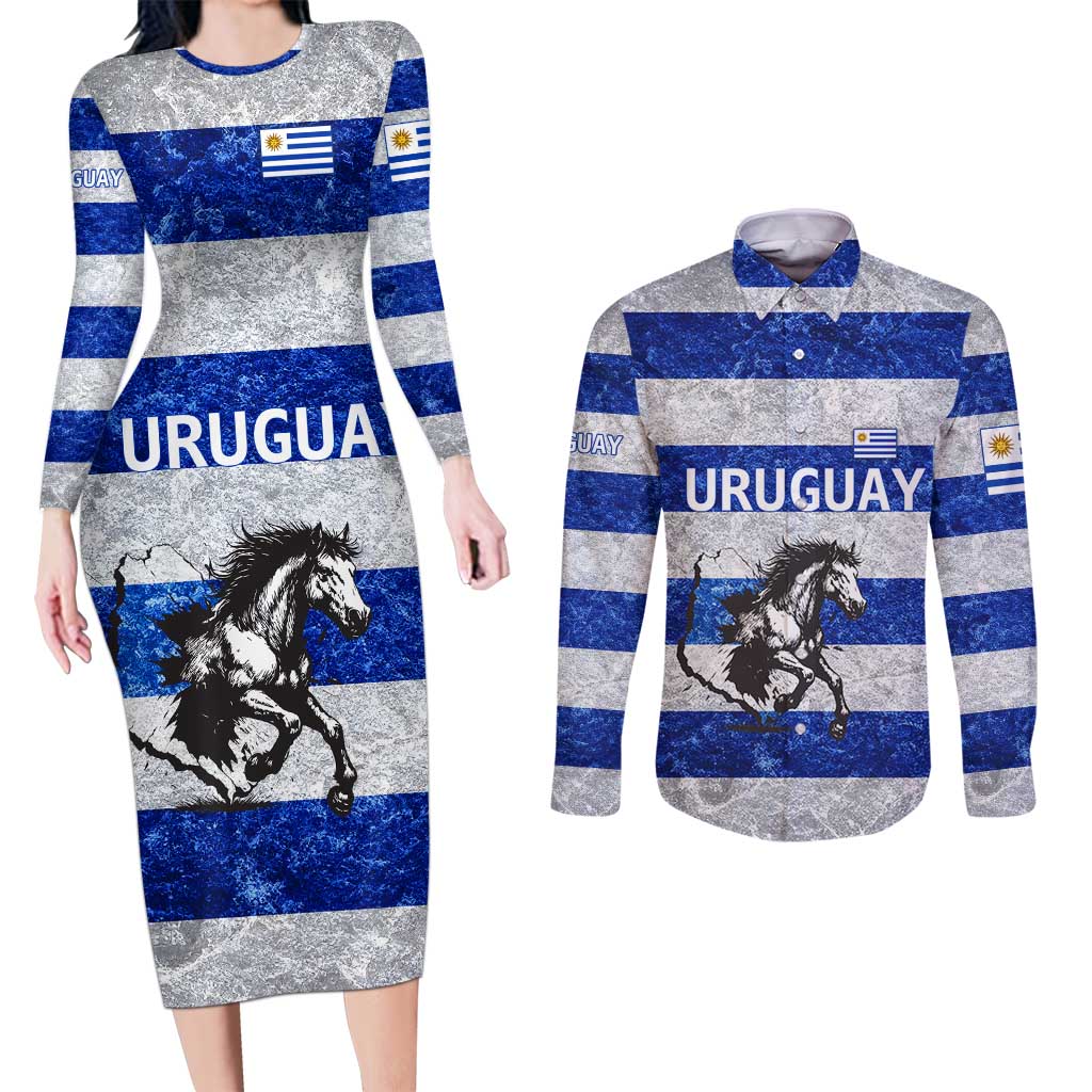 Uruguay Couples Matching Long Sleeve Bodycon Dress and Long Sleeve Button Shirt with Wild Horse Illustration Blue Gray Striped - Wonder Print Shop