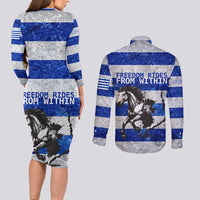 Uruguay Couples Matching Long Sleeve Bodycon Dress and Long Sleeve Button Shirt with Wild Horse Illustration Blue Gray Striped - Wonder Print Shop