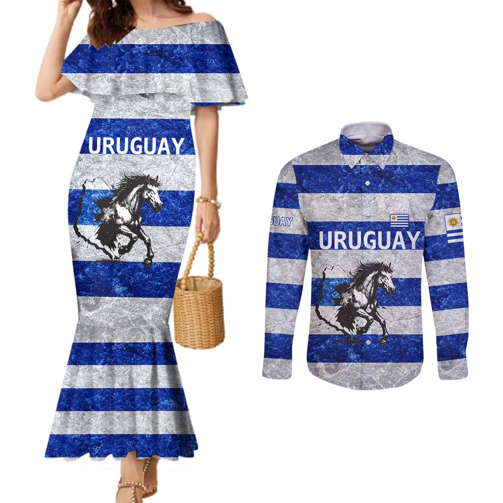 Uruguay Couples Matching Mermaid Dress and Long Sleeve Button Shirt with Wild Horse Illustration Blue Gray Striped - Wonder Print Shop