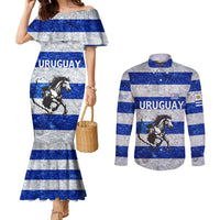 Uruguay Couples Matching Mermaid Dress and Long Sleeve Button Shirt with Wild Horse Illustration Blue Gray Striped - Wonder Print Shop