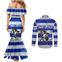 Uruguay Couples Matching Mermaid Dress and Long Sleeve Button Shirt with Wild Horse Illustration Blue Gray Striped - Wonder Print Shop