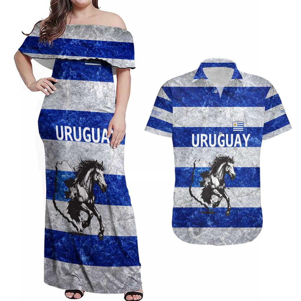 Uruguay Couples Matching Off Shoulder Maxi Dress and Hawaiian Shirt with Wild Horse Illustration Blue Gray Striped - Wonder Print Shop