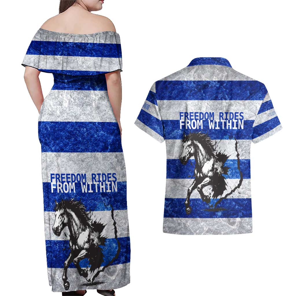 Uruguay Couples Matching Off Shoulder Maxi Dress and Hawaiian Shirt with Wild Horse Illustration Blue Gray Striped - Wonder Print Shop