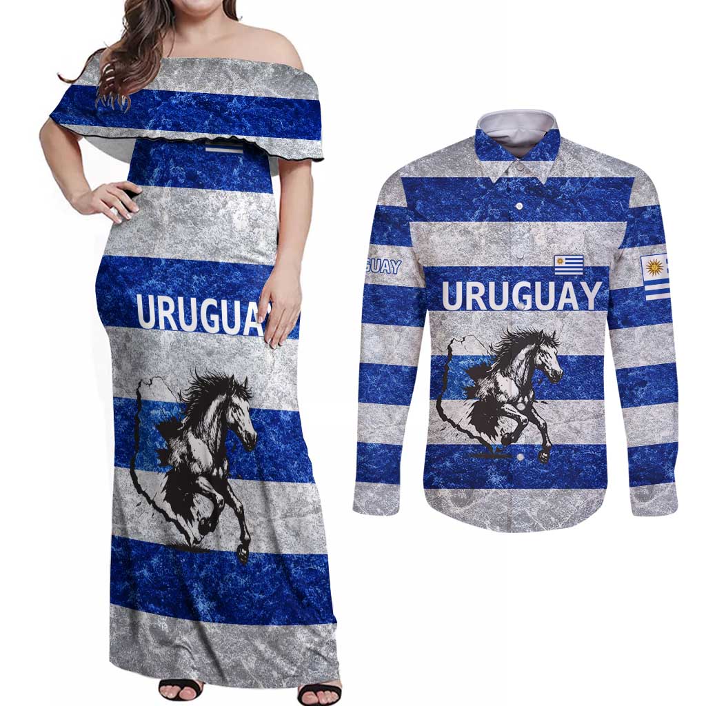 Uruguay Couples Matching Off Shoulder Maxi Dress and Long Sleeve Button Shirt with Wild Horse Illustration Blue Gray Striped - Wonder Print Shop