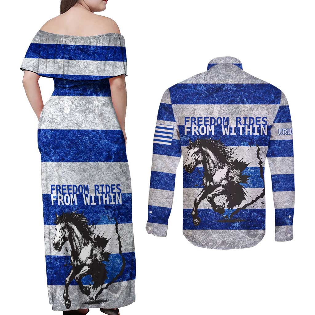 Uruguay Couples Matching Off Shoulder Maxi Dress and Long Sleeve Button Shirt with Wild Horse Illustration Blue Gray Striped - Wonder Print Shop