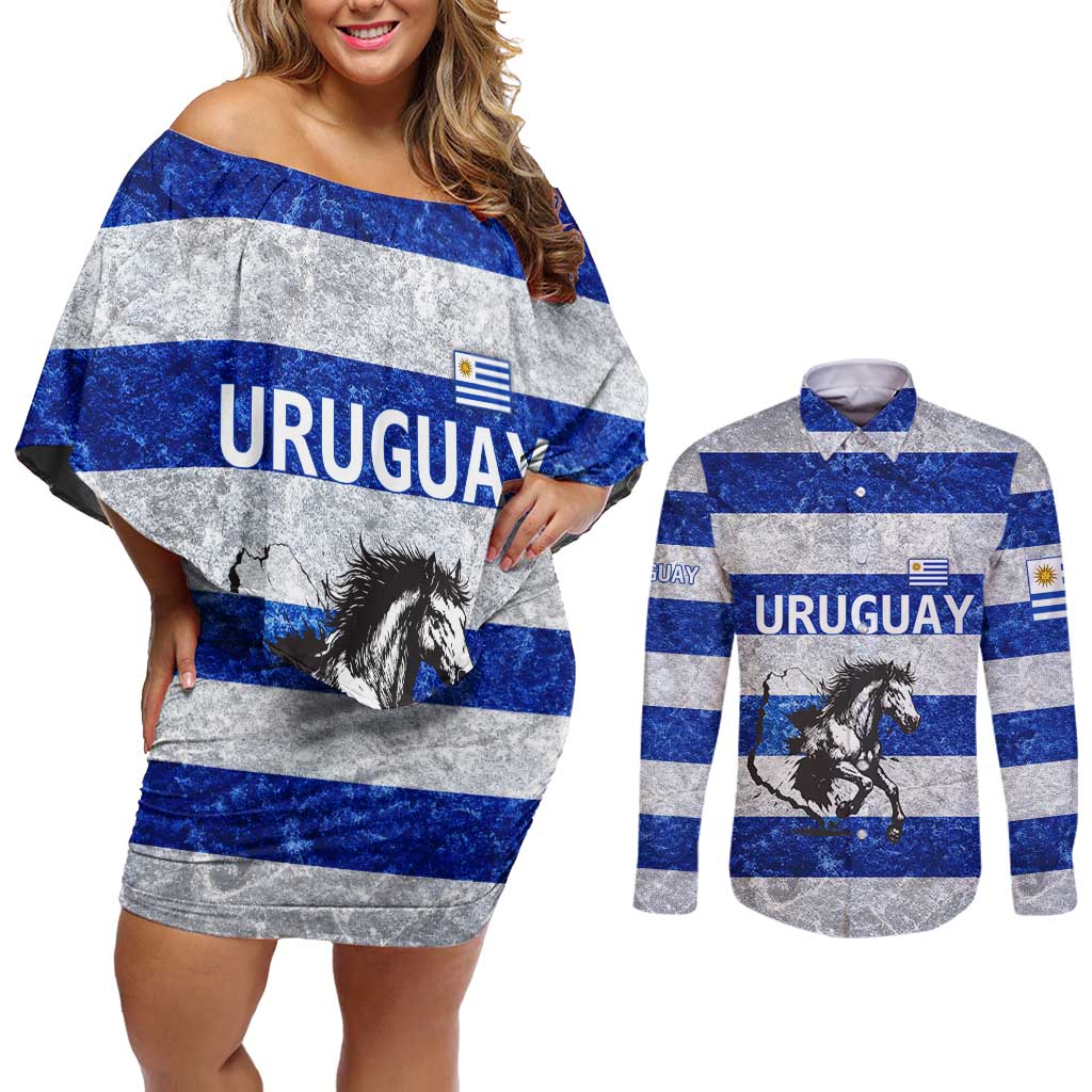 Uruguay Couples Matching Off Shoulder Short Dress and Long Sleeve Button Shirt with Wild Horse Illustration Blue Gray Striped - Wonder Print Shop