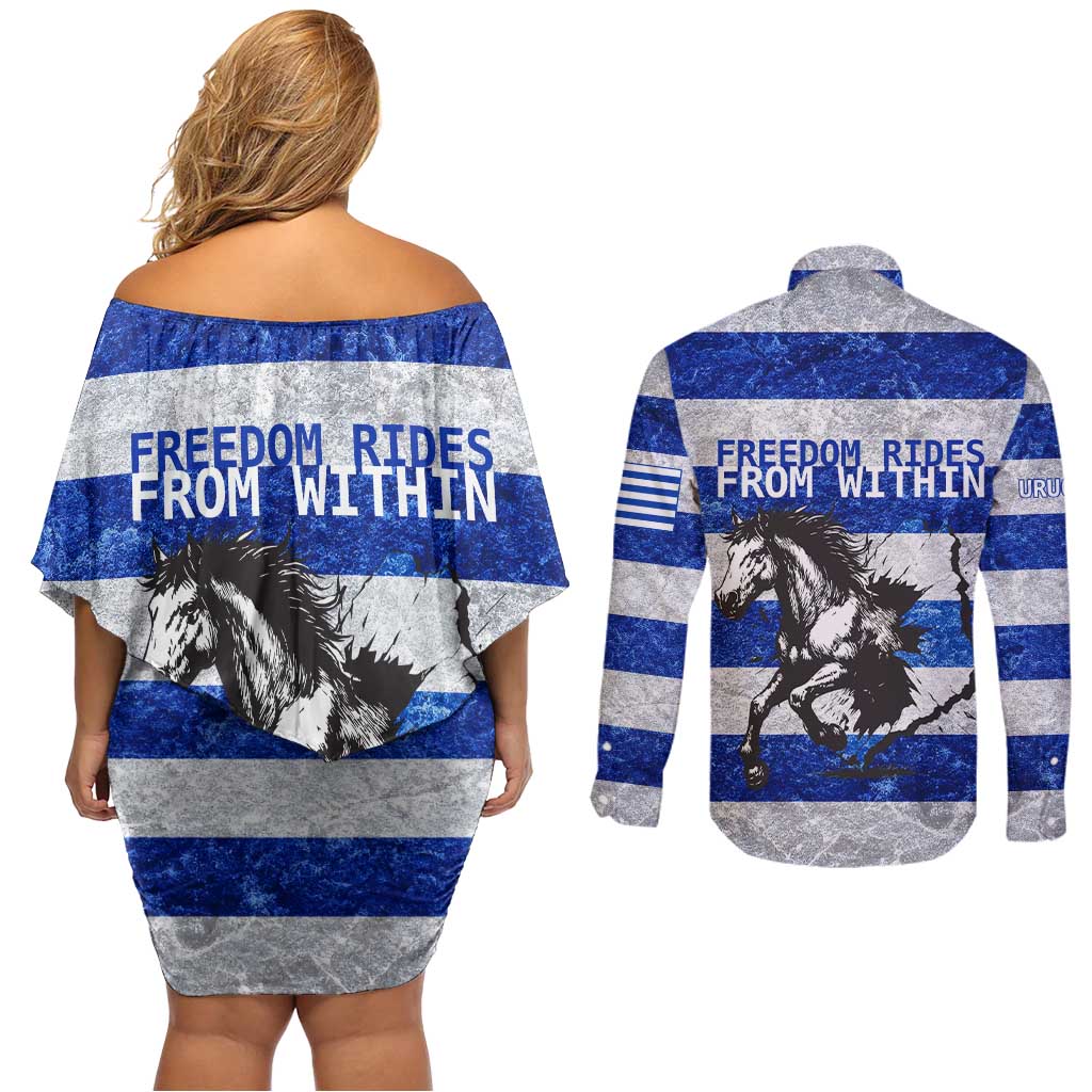 Uruguay Couples Matching Off Shoulder Short Dress and Long Sleeve Button Shirt with Wild Horse Illustration Blue Gray Striped - Wonder Print Shop