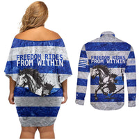 Uruguay Couples Matching Off Shoulder Short Dress and Long Sleeve Button Shirt with Wild Horse Illustration Blue Gray Striped - Wonder Print Shop