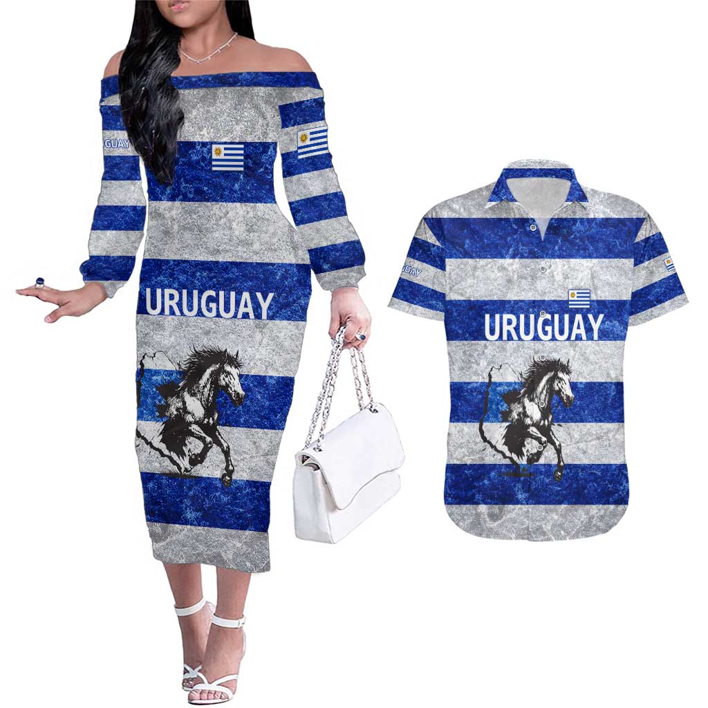 Uruguay Couples Matching Off The Shoulder Long Sleeve Dress and Hawaiian Shirt with Wild Horse Illustration Blue Gray Striped - Wonder Print Shop