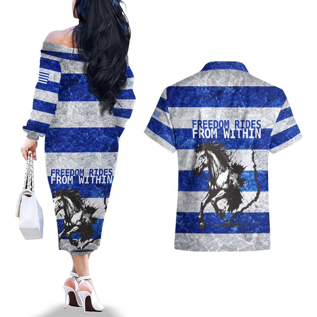 Uruguay Couples Matching Off The Shoulder Long Sleeve Dress and Hawaiian Shirt with Wild Horse Illustration Blue Gray Striped - Wonder Print Shop