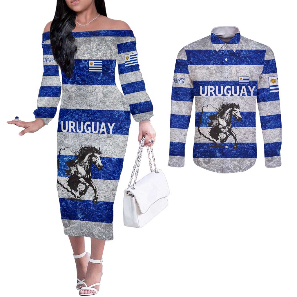 Uruguay Couples Matching Off The Shoulder Long Sleeve Dress and Long Sleeve Button Shirt with Wild Horse Illustration Blue Gray Striped - Wonder Print Shop