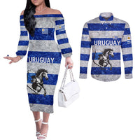 Uruguay Couples Matching Off The Shoulder Long Sleeve Dress and Long Sleeve Button Shirt with Wild Horse Illustration Blue Gray Striped - Wonder Print Shop