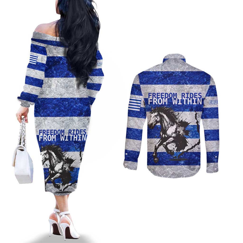 Uruguay Couples Matching Off The Shoulder Long Sleeve Dress and Long Sleeve Button Shirt with Wild Horse Illustration Blue Gray Striped - Wonder Print Shop