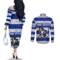 Uruguay Couples Matching Off The Shoulder Long Sleeve Dress and Long Sleeve Button Shirt with Wild Horse Illustration Blue Gray Striped - Wonder Print Shop