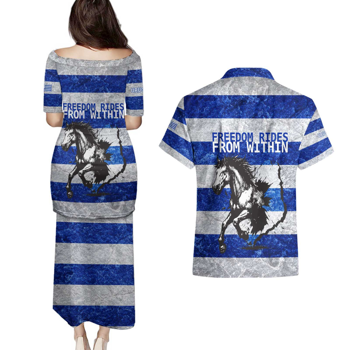 Uruguay Couples Matching Puletasi and Hawaiian Shirt with Wild Horse Illustration Blue Gray Striped - Wonder Print Shop