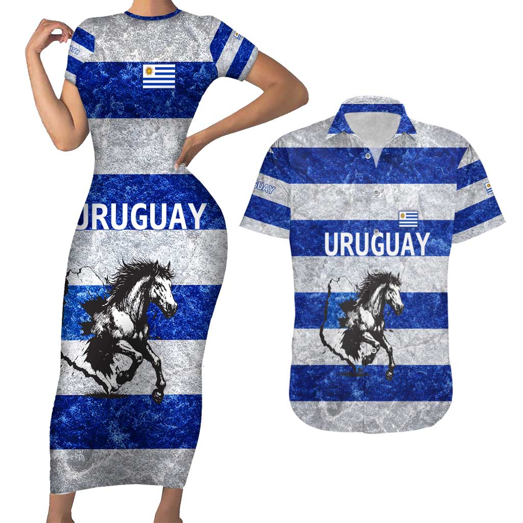 Uruguay Couples Matching Short Sleeve Bodycon Dress and Hawaiian Shirt with Wild Horse Illustration Blue Gray Striped - Wonder Print Shop