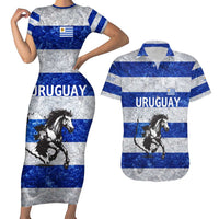 Uruguay Couples Matching Short Sleeve Bodycon Dress and Hawaiian Shirt with Wild Horse Illustration Blue Gray Striped - Wonder Print Shop