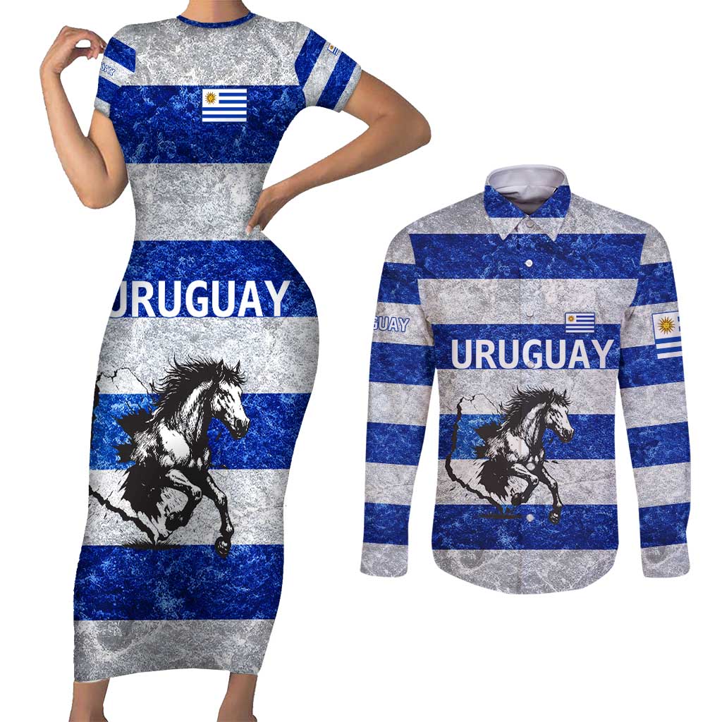 Uruguay Couples Matching Short Sleeve Bodycon Dress and Long Sleeve Button Shirt with Wild Horse Illustration Blue Gray Striped - Wonder Print Shop