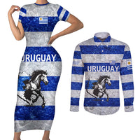 Uruguay Couples Matching Short Sleeve Bodycon Dress and Long Sleeve Button Shirt with Wild Horse Illustration Blue Gray Striped - Wonder Print Shop