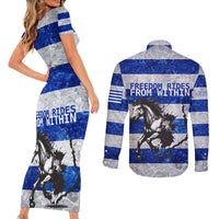 Uruguay Couples Matching Short Sleeve Bodycon Dress and Long Sleeve Button Shirt with Wild Horse Illustration Blue Gray Striped - Wonder Print Shop