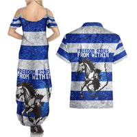 Uruguay Couples Matching Summer Maxi Dress and Hawaiian Shirt with Wild Horse Illustration Blue Gray Striped - Wonder Print Shop