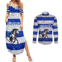 Uruguay Couples Matching Summer Maxi Dress and Long Sleeve Button Shirt with Wild Horse Illustration Blue Gray Striped - Wonder Print Shop