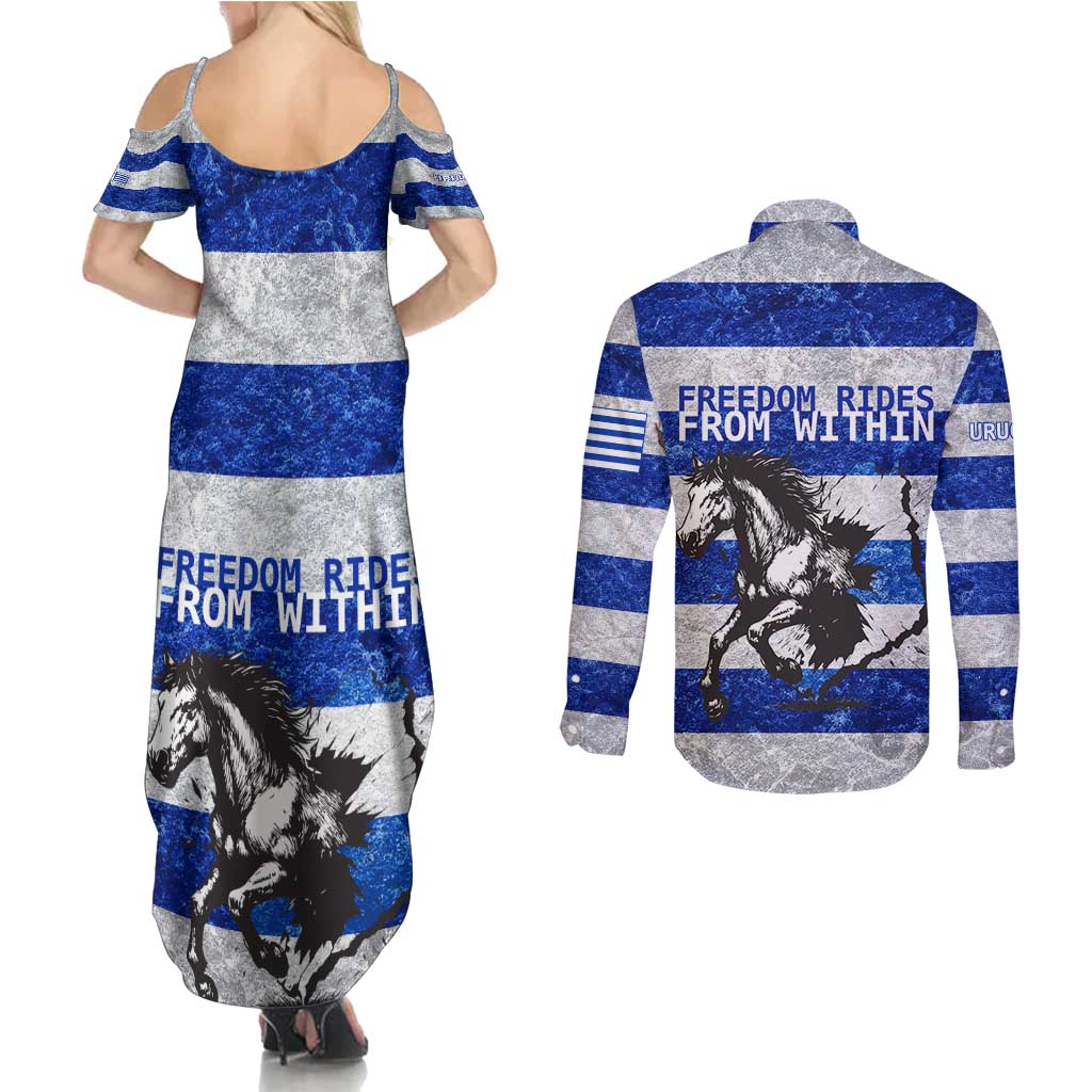 Uruguay Couples Matching Summer Maxi Dress and Long Sleeve Button Shirt with Wild Horse Illustration Blue Gray Striped - Wonder Print Shop