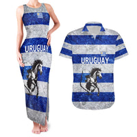 Uruguay Couples Matching Tank Maxi Dress and Hawaiian Shirt with Wild Horse Illustration Blue Gray Striped - Wonder Print Shop