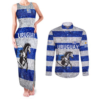 Uruguay Couples Matching Tank Maxi Dress and Long Sleeve Button Shirt with Wild Horse Illustration Blue Gray Striped - Wonder Print Shop