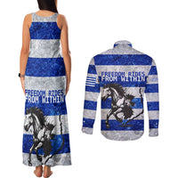 Uruguay Couples Matching Tank Maxi Dress and Long Sleeve Button Shirt with Wild Horse Illustration Blue Gray Striped - Wonder Print Shop