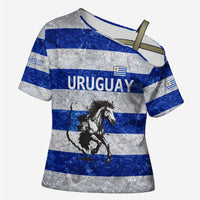 Uruguay Cross Shoulder Shirt with Wild Horse Illustration Blue Gray Striped - Wonder Print Shop