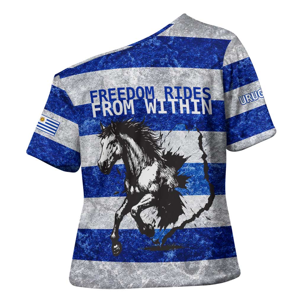 Uruguay Cross Shoulder Shirt with Wild Horse Illustration Blue Gray Striped - Wonder Print Shop