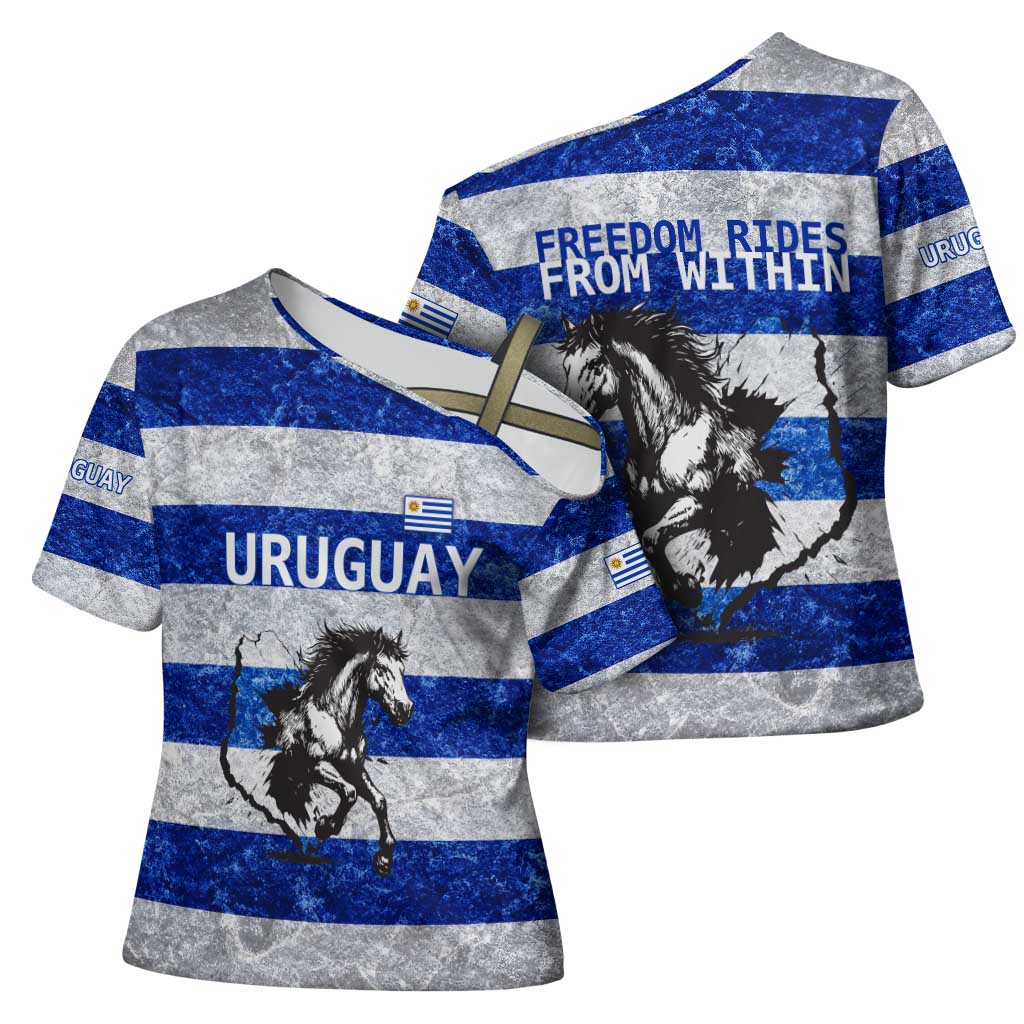 Uruguay Cross Shoulder Shirt with Wild Horse Illustration Blue Gray Striped - Wonder Print Shop
