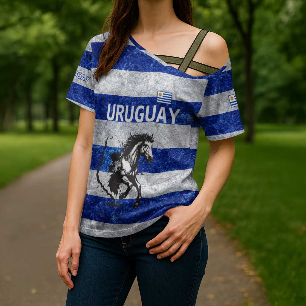 Uruguay Cross Shoulder Shirt with Wild Horse Illustration Blue Gray Striped - Wonder Print Shop