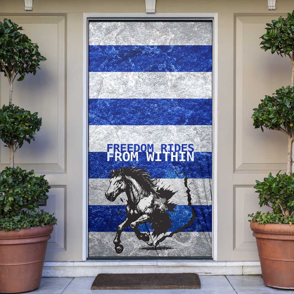 Uruguay Door Cover with Wild Horse Illustration Blue Gray Striped - Wonder Print Shop