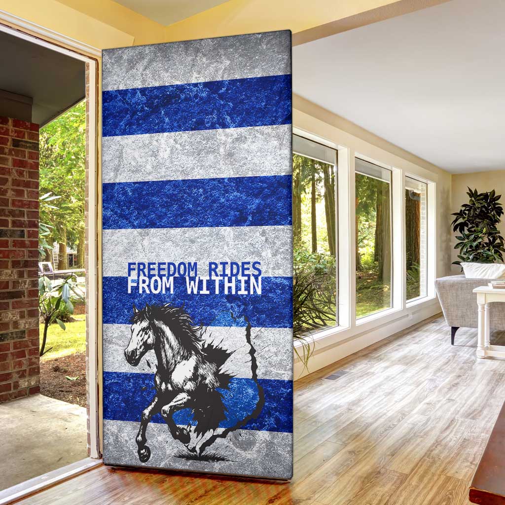 Uruguay Door Cover with Wild Horse Illustration Blue Gray Striped - Wonder Print Shop