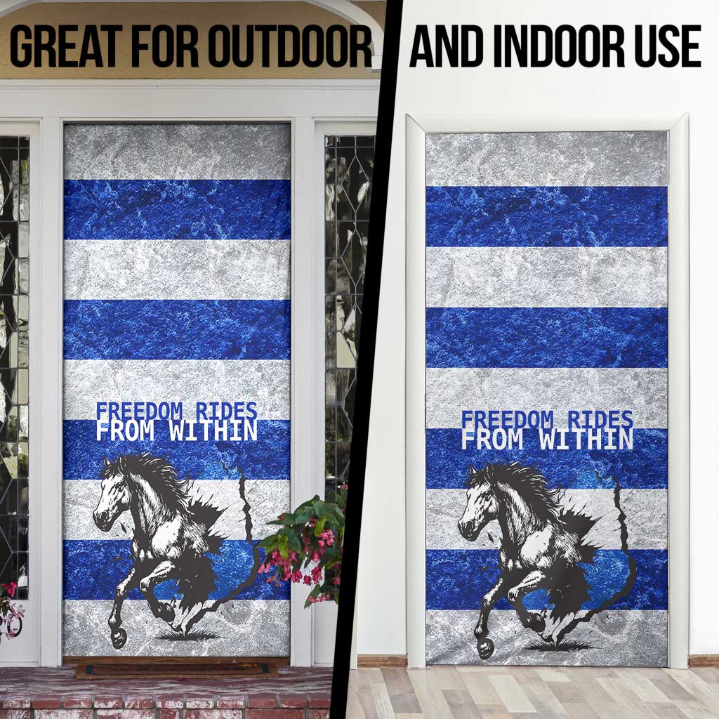 Uruguay Door Cover with Wild Horse Illustration Blue Gray Striped - Wonder Print Shop