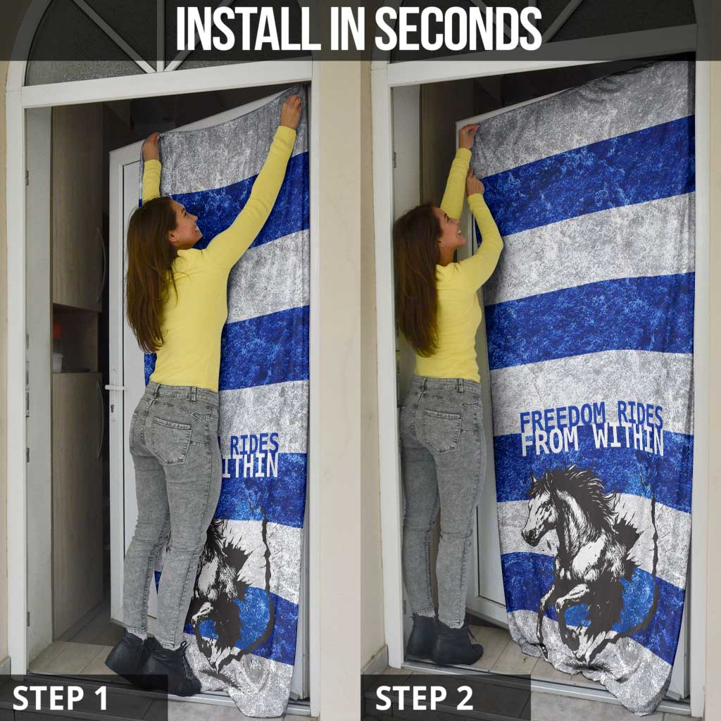 Uruguay Door Cover with Wild Horse Illustration Blue Gray Striped - Wonder Print Shop