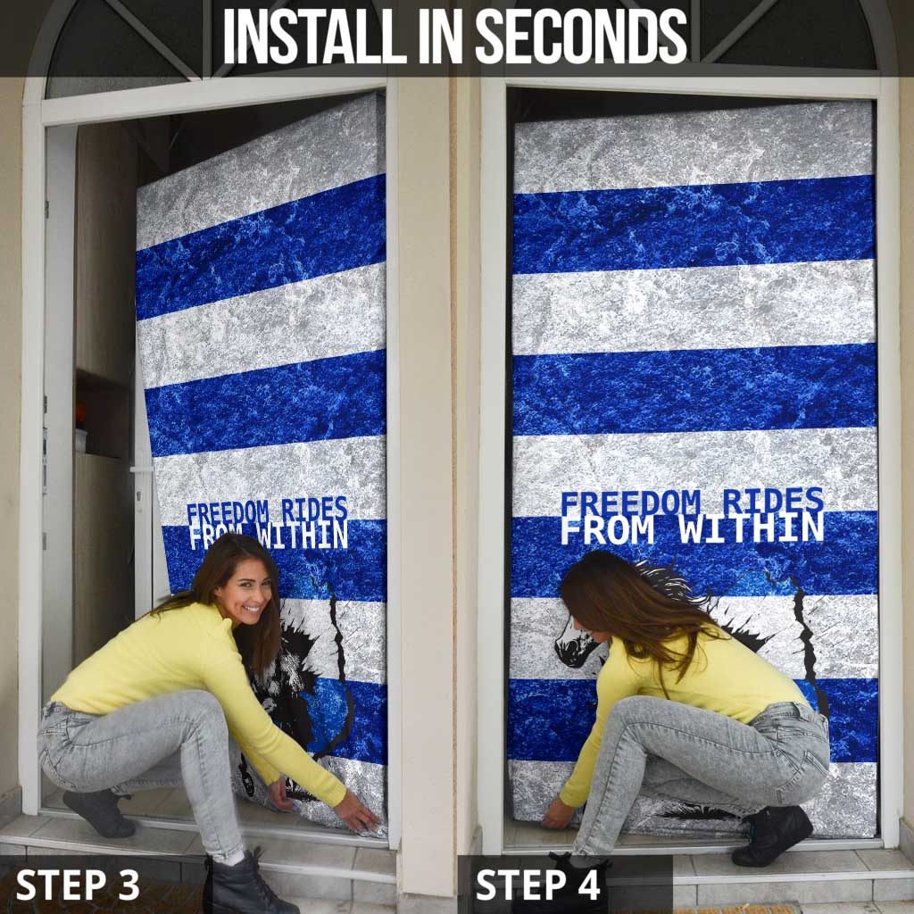 Uruguay Door Cover with Wild Horse Illustration Blue Gray Striped - Wonder Print Shop