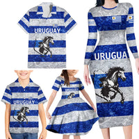 Uruguay Family Matching Long Sleeve Bodycon Dress and Hawaiian Shirt with Wild Horse Illustration Blue Gray Striped - Wonder Print Shop