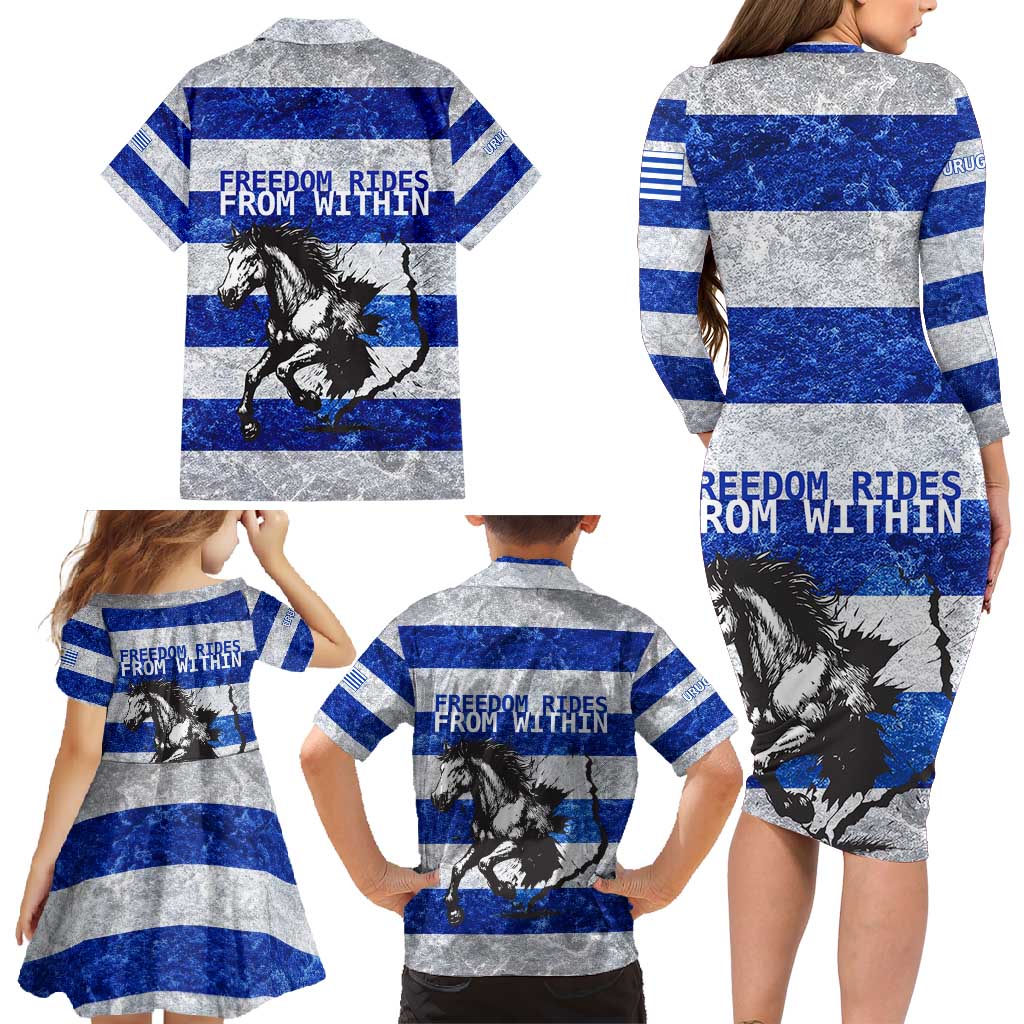 Uruguay Family Matching Long Sleeve Bodycon Dress and Hawaiian Shirt with Wild Horse Illustration Blue Gray Striped - Wonder Print Shop