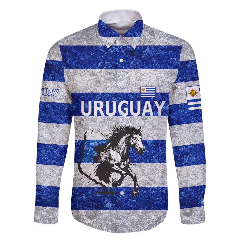 Uruguay Family Matching Long Sleeve Bodycon Dress and Hawaiian Shirt with Wild Horse Illustration Blue Gray Striped - Wonder Print Shop