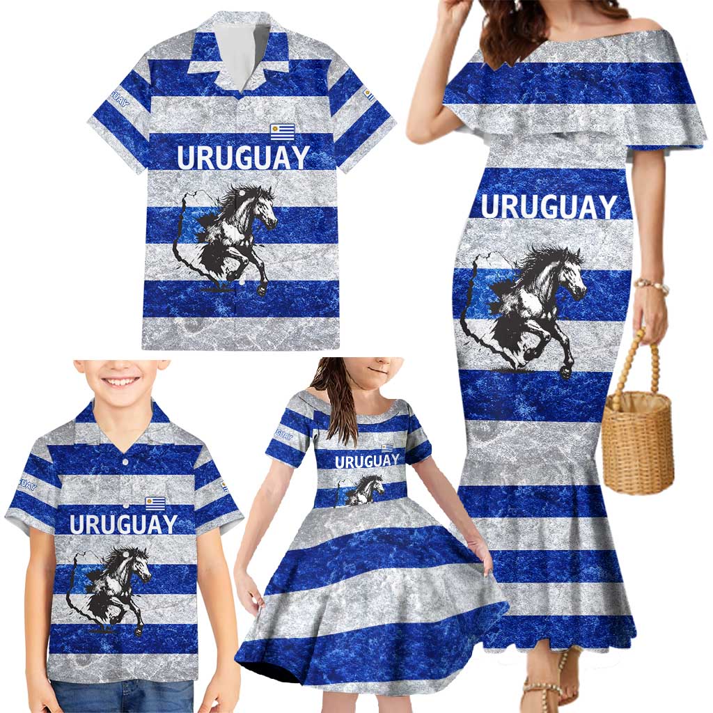 Uruguay Family Matching Mermaid Dress and Hawaiian Shirt with Wild Horse Illustration Blue Gray Striped - Wonder Print Shop