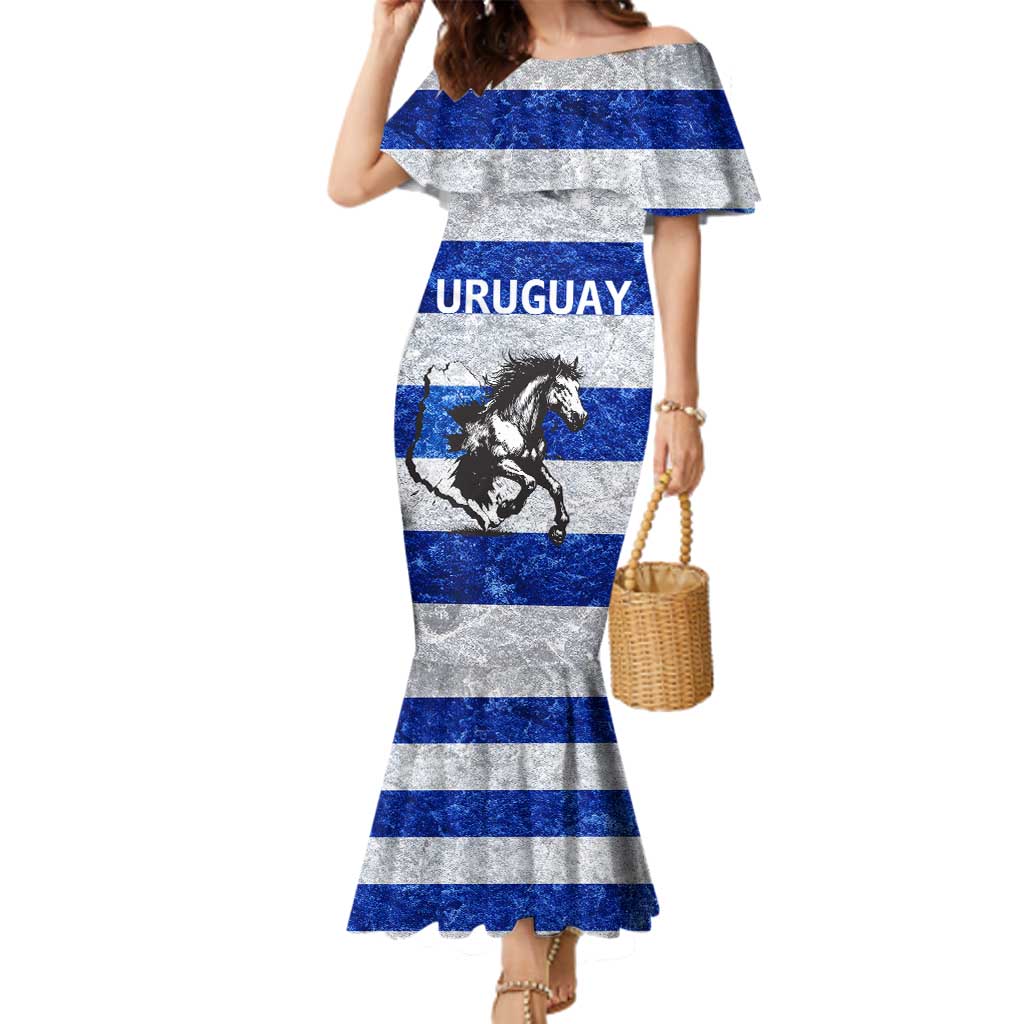 Uruguay Family Matching Mermaid Dress and Hawaiian Shirt with Wild Horse Illustration Blue Gray Striped - Wonder Print Shop