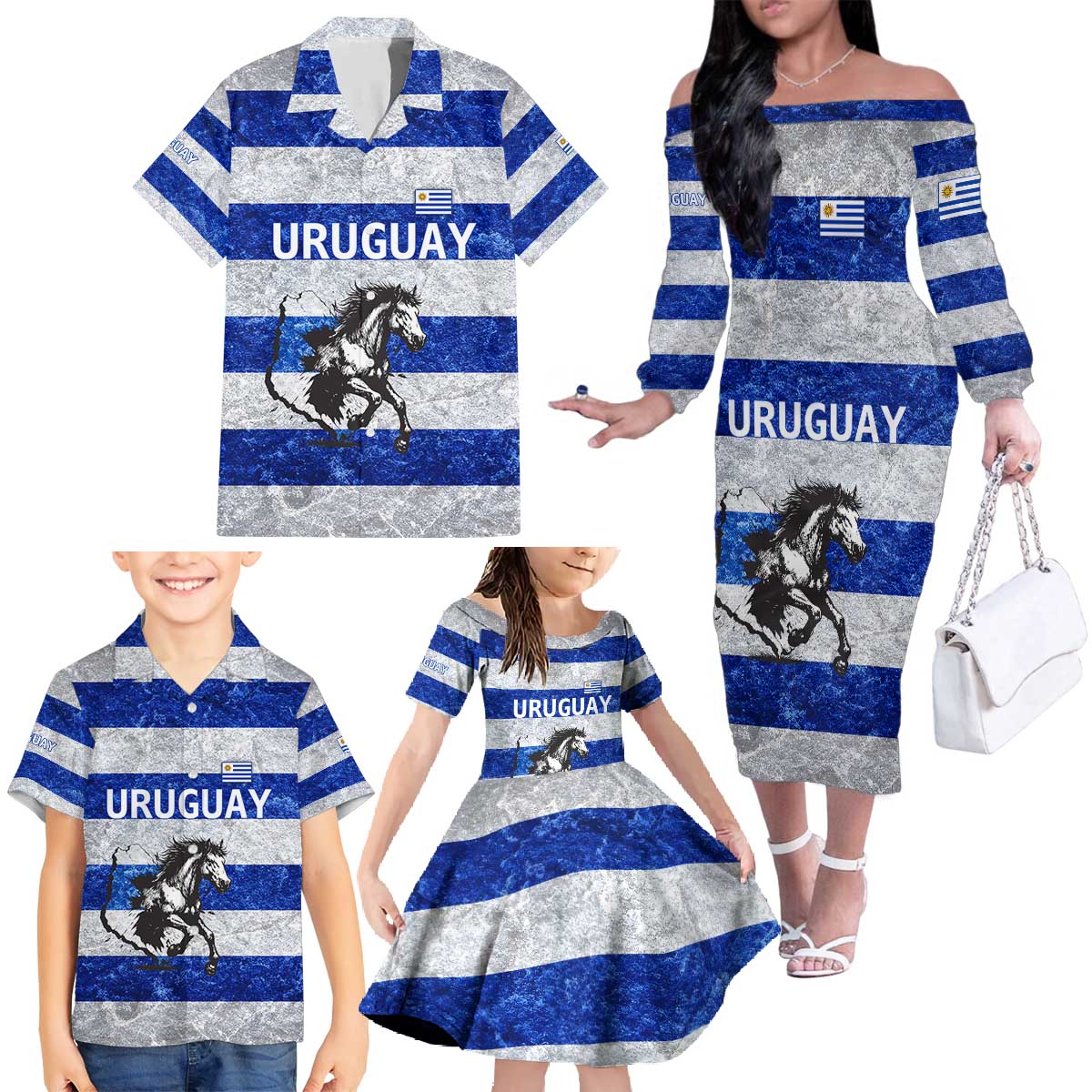 Uruguay Family Matching Off The Shoulder Long Sleeve Dress and Hawaiian Shirt with Wild Horse Illustration Blue Gray Striped - Wonder Print Shop