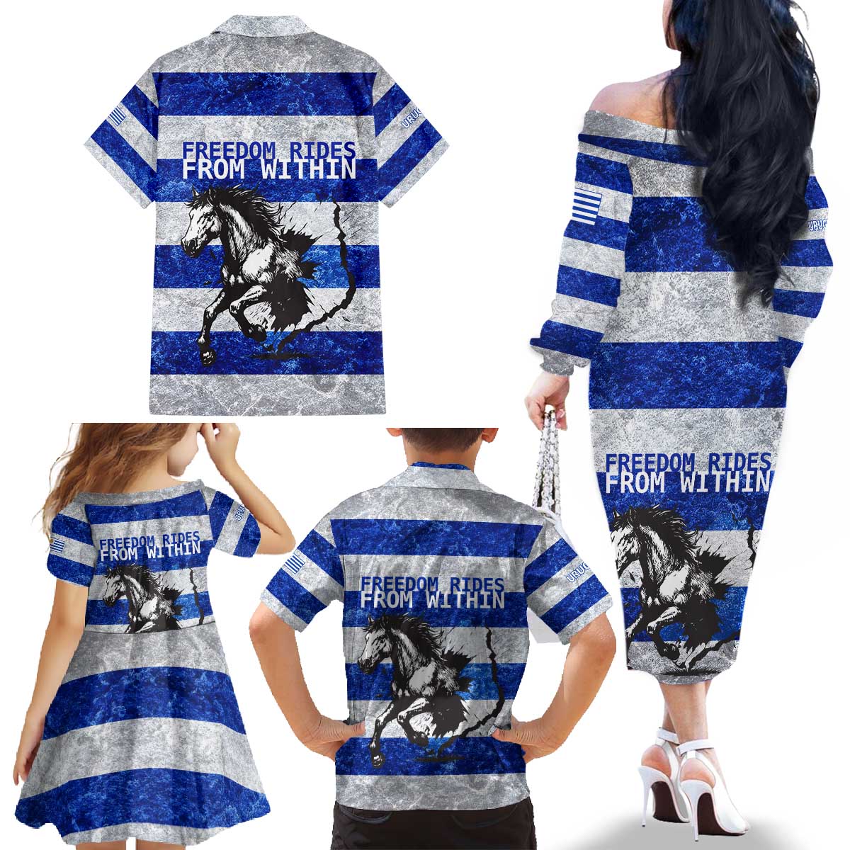 Uruguay Family Matching Off The Shoulder Long Sleeve Dress and Hawaiian Shirt with Wild Horse Illustration Blue Gray Striped - Wonder Print Shop