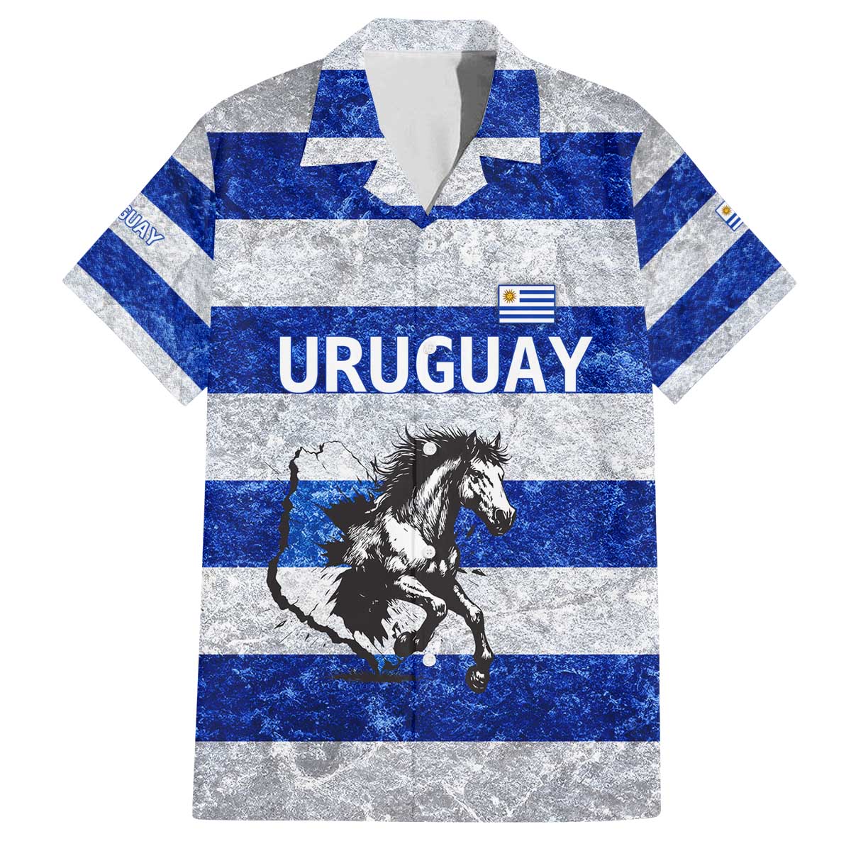 Uruguay Family Matching Off The Shoulder Long Sleeve Dress and Hawaiian Shirt with Wild Horse Illustration Blue Gray Striped - Wonder Print Shop